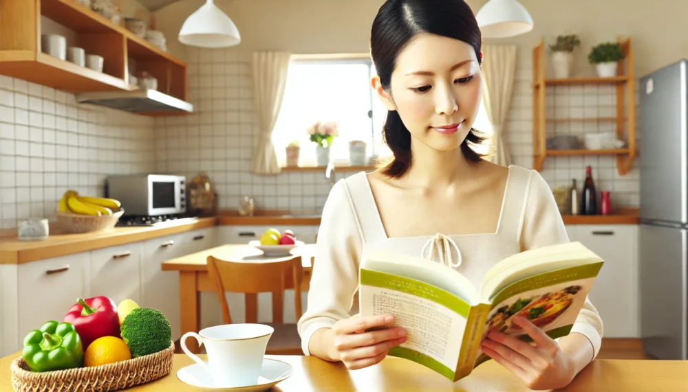 卓上　食生活の本を読む　勉強　女性