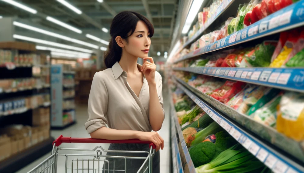 スーパーで野菜選びに悩む主婦