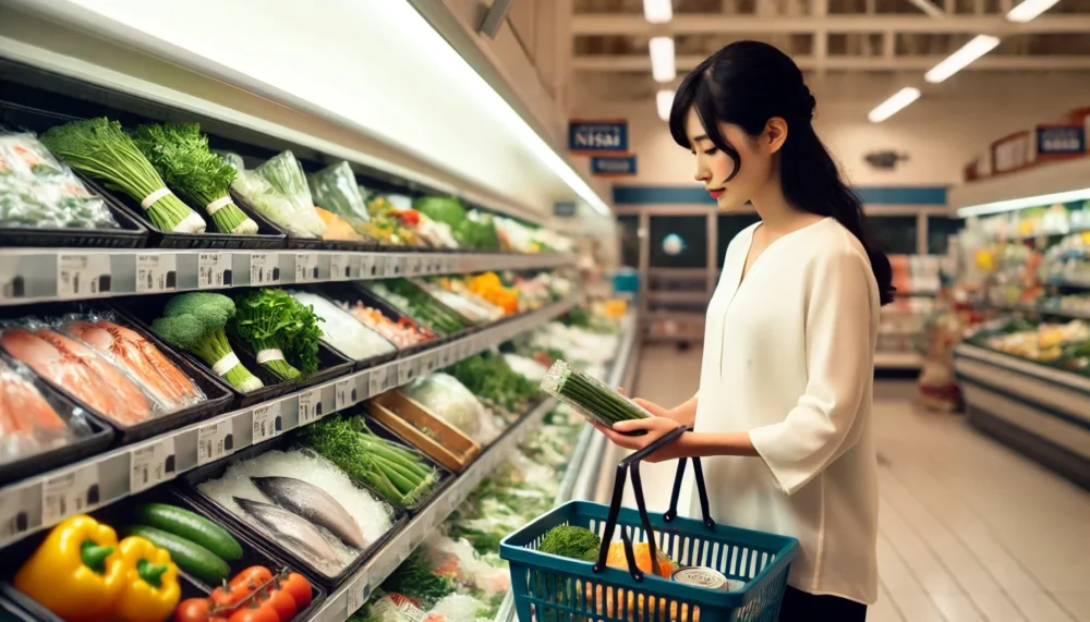 一汁二菜におすすめの食材をスーパーで買う女性