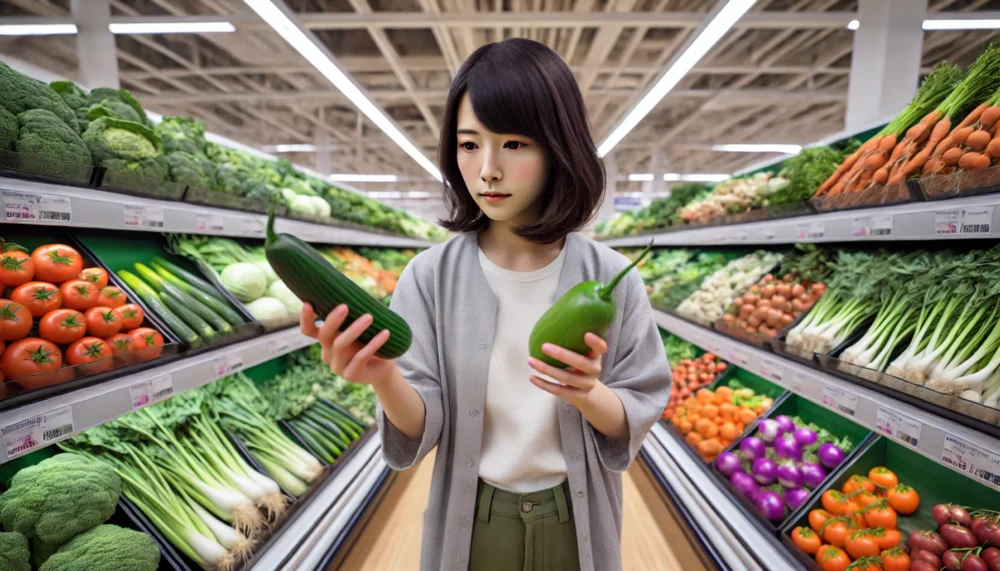 女性　野菜　見比べる　スーパー