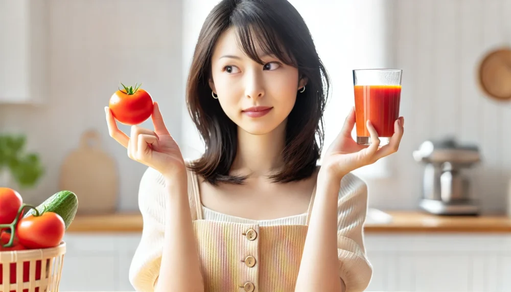 生野菜と野菜ジュースを持つ女性